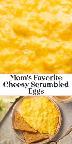 an egg and cheese dish on a plate next to crackers with the words mom's favorite cheesy scrambled eggs