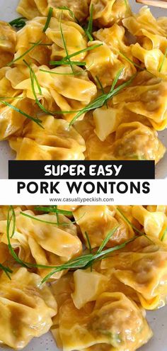 Close up of cooked plate of wontons with captions Pork Bun Recipe Easy, Wonton Wrapper Recipe, Pork Wonton Recipes, Won Ton Recipes, Easy Dumpling Recipe, Pork Dumplings Recipe