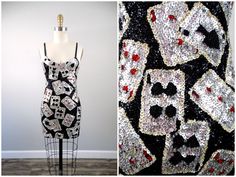 "This is an amazing vintage glam dress! It's fully embellished with sequins and beading and in excellent condition! There's a bit of stretch in the material, so measurements are taken unstretched and stretched. Measurements: Bust - 28-34\" Waist - 24-30\" Hips - 30-36\" Length - 30\" This item comes from a smoke-free home. If you would like more info or have any questions, please don't hesitate to ask!" Summer Sequin Embellished Dress For Costume Party, Playing Card Dress, Embellished Dress For Costume Party During Party Season, Embellished Sequin Dress For Costume Party, Glamorous Embellished Dress For Costume Party, Evening Fitted Sequin Fabric With Rhinestones, Embellished Sequin Dress For Costume Party And Holiday, Vintage Sequin Dress For Party Season, Vintage Sequin Prom Dress