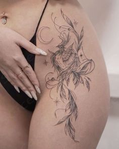 a woman's thigh with tattoos on it