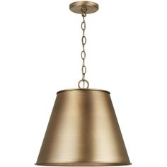 a brass colored pendant light hanging from a chain on an isolated ceiling fixture with a white background