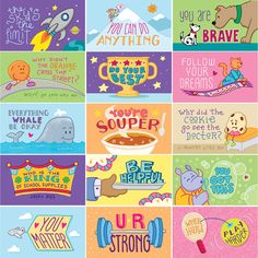 several different greeting cards with cartoon animals and words on them, all in bright colors