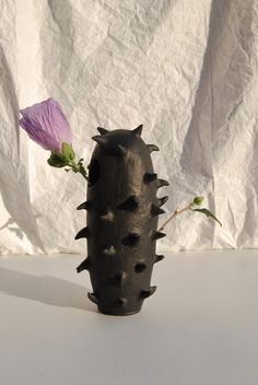 a black vase with spikes and a purple flower in the center on a white background