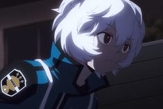 an anime character with white hair wearing a blue and black uniform looking off to the side