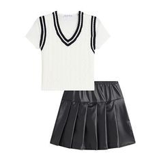 This Knit Works 3-piece set is deigned to keep your big girl's wardrobe stylish and right on trend. It features a combined t-shirt and knit varsity-style sweater vest and a pull-on faux leather pleated skirt complete with a comfortable elastic-waistband. Pair it with lace-up ankle boots or Mary Jane shoes.# Pieces In Set: 31st Piece Description: Vest1st Piece Apparel Length: 18 Inches1st Piece Fabric: Knit1st Piece Fiber Content: 100% Acrylic1st Piece Care: Dry Flat, Machine Wash2nd Piece Descri Faux Leather Pleated Skirt, Leather Pleated Skirt, Varsity Style, Skirts For Kids, Small Clothes, Large Clothes, Skirt Sets, Girls Wardrobe, Style Sweater