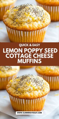 lemon poppy seed cottage cheese muffins on a baking sheet with text overlay