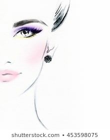 a drawing of a woman's face with purple eyeshades and black earrings