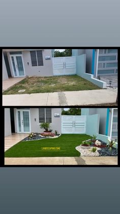 two pictures of the same house with grass and flowers in front of it, one is empty