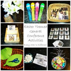 easter themed general conference activities with pictures and candies on the table, including photos