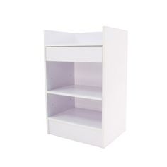 a white shelf with two shelves on each side and one door open to the other