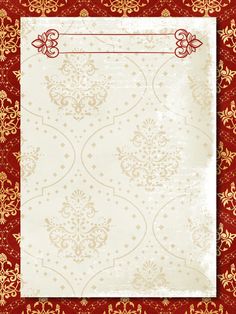 an old paper with gold and red designs on it's edges, against a red background