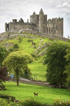 an old castle sitting on top of a lush green hillside