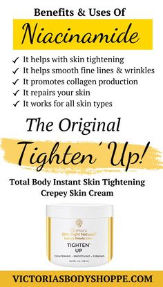 Tighten’ Up Total Instant Skin Tightening Cream is a complete total body skin tightening system made of over 20 skin tightening Dermatologist Grade Ingredients To Restore Healthy Muscle Tone Appearance. Erase Time! Restore Confidence! Feel Good About Yourself And Your Natural Beauty! Try it today! Natural Skin Tightening Remedies, Neck Tightening Cream, Natural Wrinkle Remedies, Body Skin Tightening, Tighten Facial Skin, Feel Good About Yourself