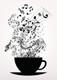 a black and white poster with music notes coming out of a coffee cup filled with musical notes