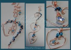 four different pictures of wire jewelry with blue beads and hearts on them, one is made out of copper