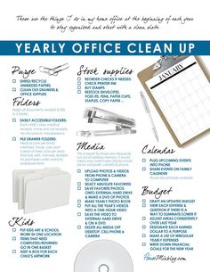 an office cleaning checklist with the words, year - by - month and other items