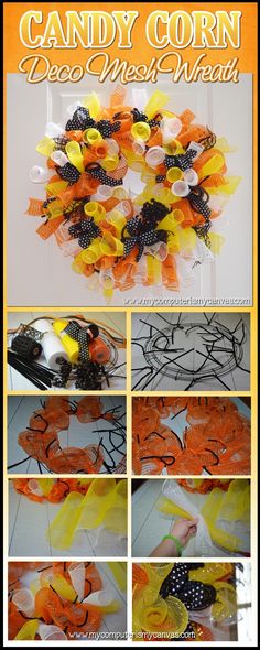 candy corn wreath made from plastic bags and other items for halloween decorations on the front door