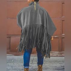 Passion of Essence | Jackets & Coats | Plus Oversized Olive Fashion Street Casual Suede Leather Fringe Shawl Co | Poshmark Winter Fringe Cape Outerwear, Fringe Cape Outerwear For Fall, Oversized Fringe Cape For Fall, Fall Fringe Cape Outerwear, High Neck Coat, Olive Fashion, Fringe Shawl, Leather Fringe, Fashion Chic