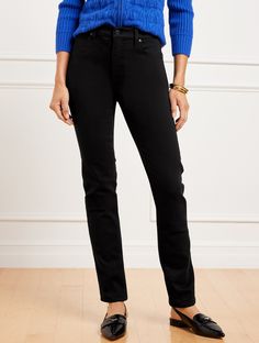 High-Waist Straight-Leg Jeans - Black - Curvy Fit | Talbots Purple Outfits, Curvy Jeans, Classic Style Women, Black High Waist, Plus Size Sweaters, Suits Coats, Hold You, Pocket Jeans, Sweater Blouse