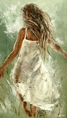 a painting of a girl with long hair in white dress walking through the grass and water