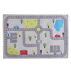 a child's play mat with cars and trucks on the road in grey color