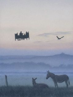 two donkeys are standing in the grass with people on a bench above them and an airplane flying overhead