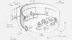 a drawing of a room with tables and stools on the floor, as well as people standing in it