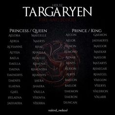 the game of thrones character list for targaryenn, prince and blood