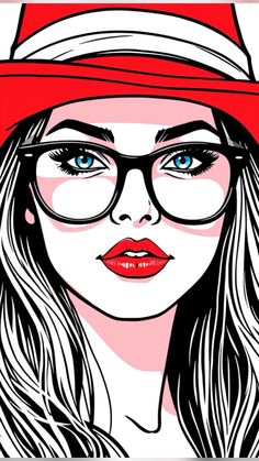 a woman with glasses and a red hat is shown in this pop art style photo