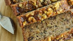 slices of banana nut bread on a cutting board