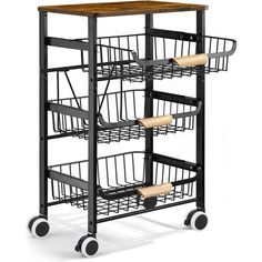 a metal rack with three baskets on wheels and two wooden top shelves, all in black