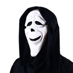 a person wearing a white mask and black hood