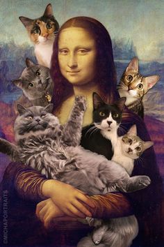 a painting of the monaine holding cats in her arms with other cats around her