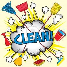 the word clean is surrounded by various cleaning products and objects that appear to have been cleaned