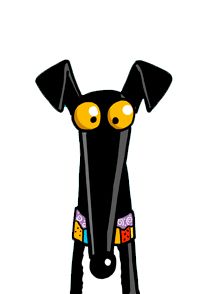 a black dog with yellow eyes is standing