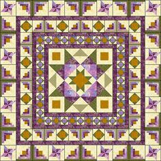 a purple and yellow quilt with an intricate design on the center, surrounded by smaller squares