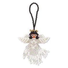 a beaded angel ornament hanging from a string