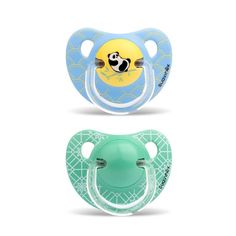 two pacifiers, one green and one blue with a cartoon penguin on it