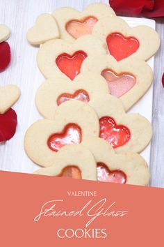 valentine's day cookies with heart shaped cutouts on top and the words, fancy glaze cookies