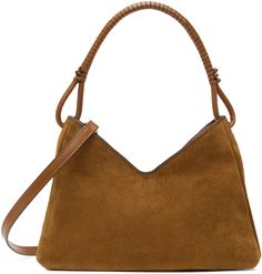 Suede shoulder bag in tan. · Hand-wrapped and knotted detailing at carry handle · Adjustable and detachable leather crossbody strap · Logo embossed at face · Zip closure · Patch pocket at interior · Moiré lining · Logo-engraved gold-tone hardware · H7 x W10 x D3 Supplier color: Tan Suede Tote Bag, Tan Shoulder Bag, Wishlist 2024, Suede Bag, Suede Tote, Brown Bags, Tan Suede, Winter 2024, Blue Bags