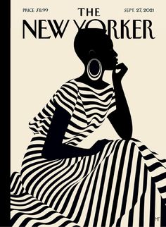 the new yorker magazine cover featuring a woman in striped dress with her hand on her chin