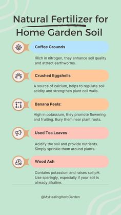 the benefits of natural fertilizer for home garden soil info graphic on green background