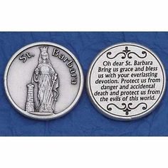 two silver coins with the words, st barbara and an image of jesus on them