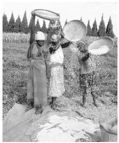 two women are standing in the grass with their hats on and one is holding a basket