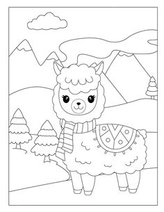 a llama with a scarf on it's head and mountains in the background