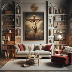 a living room filled with furniture and a crucifix painting on the wall