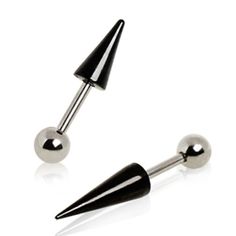 two black and silver spikes are attached to the end of a pair of surgical steel balls