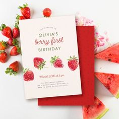 a birthday card with watermelon slices and strawberries around it on a white surface