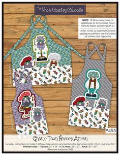 three aprons with different designs on them