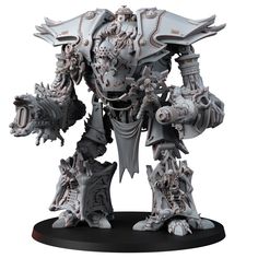 a white painted warhammer is standing on a black base and it looks like he's ready for battle